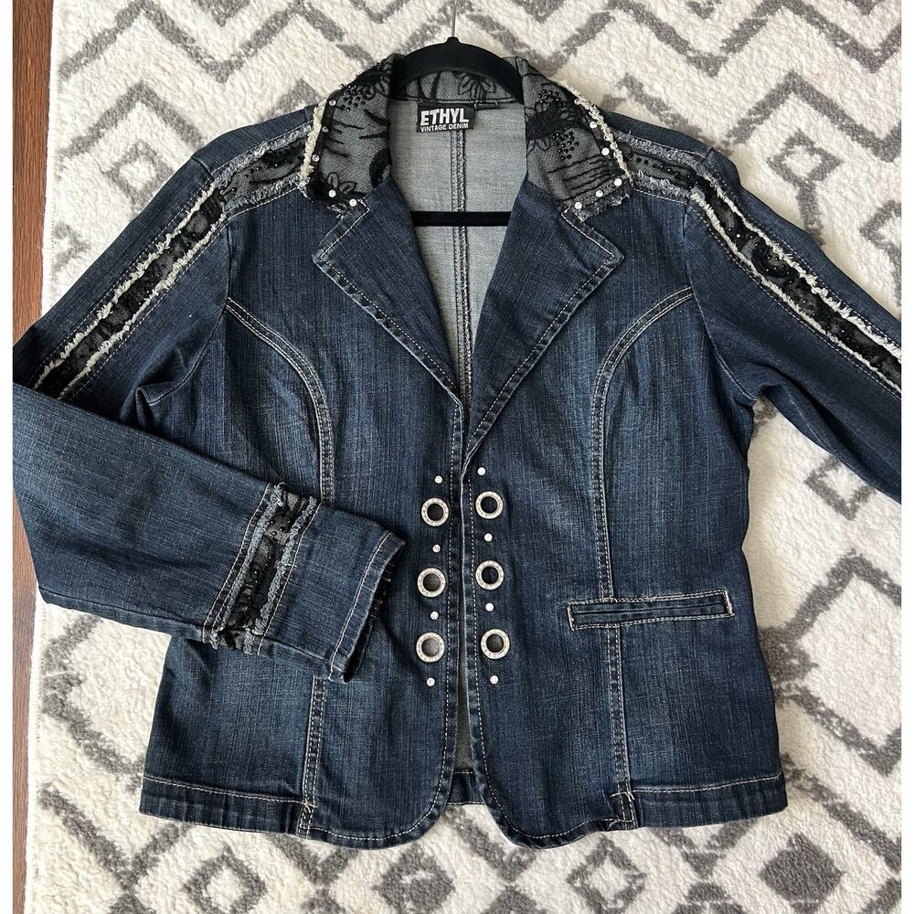 ETHYL Vintage Y2K Blk Net Embroidered Rhinestone Fitted Denim Jean Jacket Sz M - Picture 1 of 12